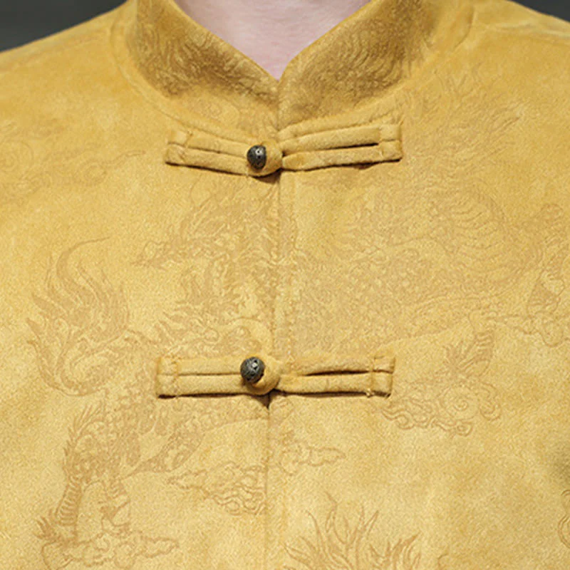 Buddha Stones da uomo con bottoni a forma di rana, camicia con tasche, abito cinese di Capodanno, stampa Kirin - Image 10