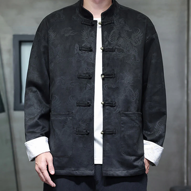 Buddha Stones da uomo con bottoni a forma di rana, camicia con tasche, abito cinese di Capodanno, stampa Kirin - Image 14