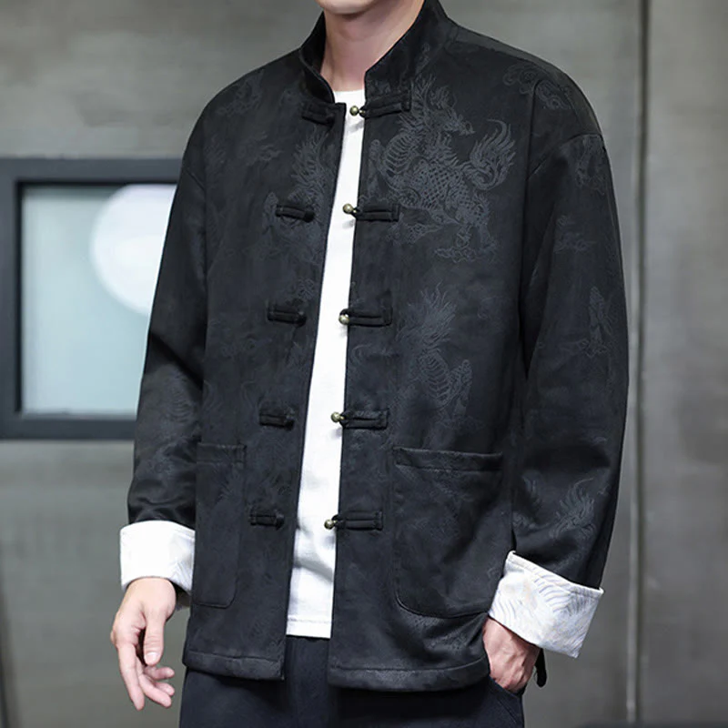 Buddha Stones da uomo con bottoni a forma di rana, camicia con tasche, abito cinese di Capodanno, stampa Kirin - Image 16