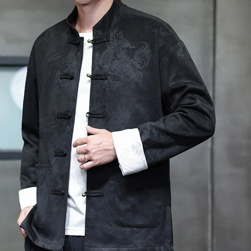 Buddha Stones da uomo con bottoni a forma di rana, camicia con tasche, abito cinese di Capodanno, stampa Kirin - Image 17