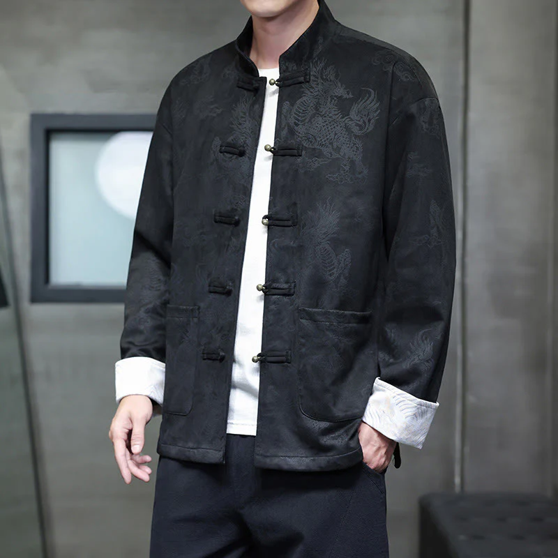 Buddha Stones da uomo con bottoni a forma di rana, camicia con tasche, abito cinese di Capodanno, stampa Kirin - Image 19