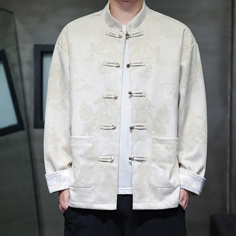 Buddha Stones da uomo con bottoni a forma di rana, camicia con tasche, abito cinese di Capodanno, stampa Kirin - Image 22