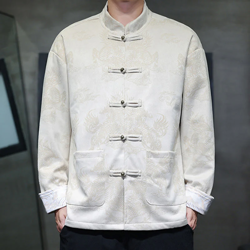Buddha Stones da uomo con bottoni a forma di rana, camicia con tasche, abito cinese di Capodanno, stampa Kirin - Image 23