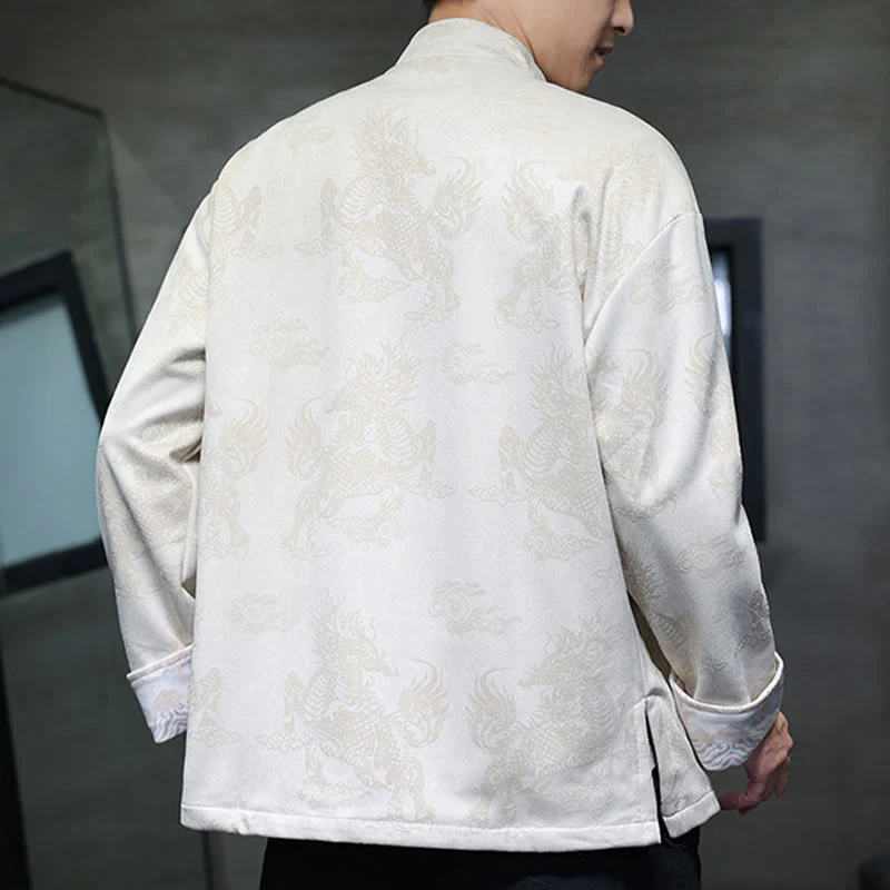 Buddha Stones da uomo con bottoni a forma di rana, camicia con tasche, abito cinese di Capodanno, stampa Kirin - Image 26