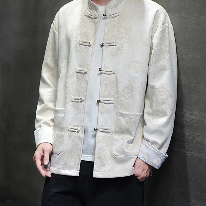 Buddha Stones da uomo con bottoni a forma di rana, camicia con tasche, abito cinese di Capodanno, stampa Kirin - Image 27