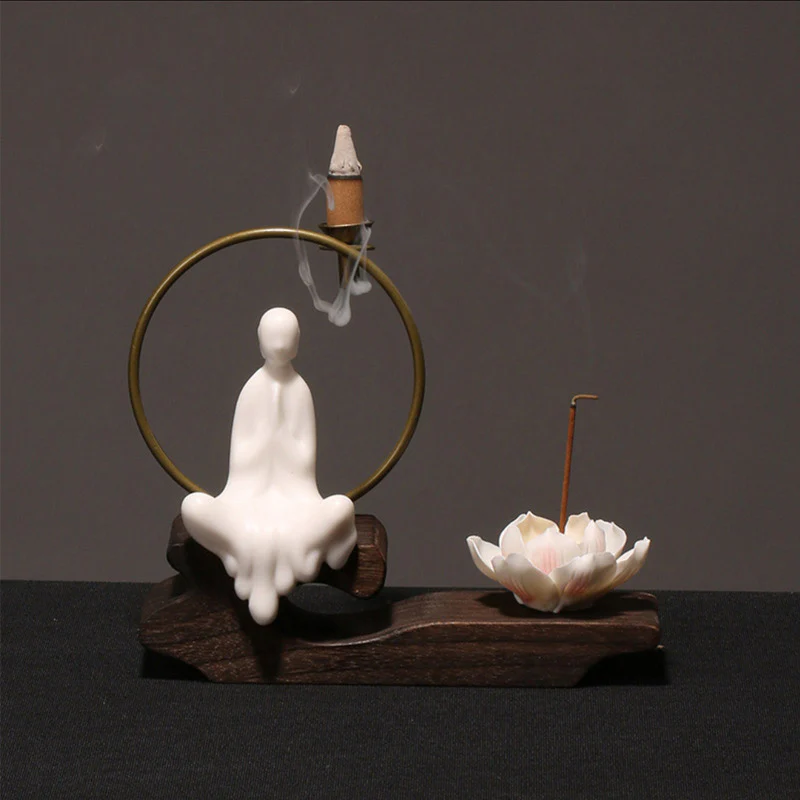 Buddha Stones Decorazione bruciatore di incenso in ceramica per meditazione curativa a forma di loto - Image 2