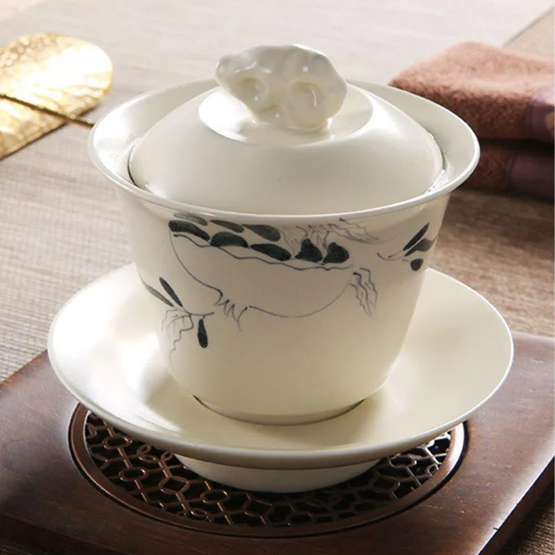 Buddha Stones dipinto a mano melograno ibisco pino loto ceramica gaiwan sancai tazza da tè kung fu tazza da tè e piattino con coperchio - Image 12