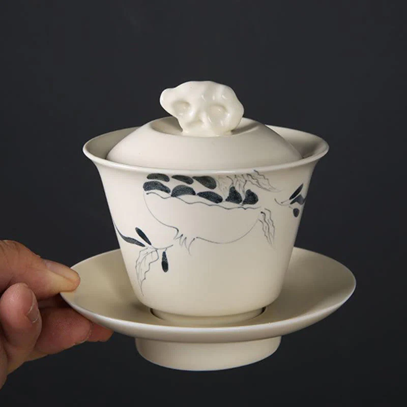 Buddha Stones dipinto a mano melograno ibisco pino loto ceramica gaiwan sancai tazza da tè kung fu tazza da tè e piattino con coperchio - Image 13