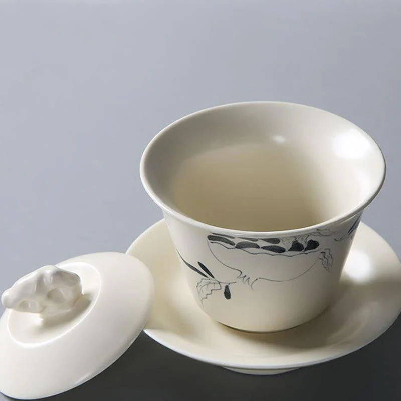 Buddha Stones dipinto a mano melograno ibisco pino loto ceramica gaiwan sancai tazza da tè kung fu tazza da tè e piattino con coperchio - Image 14