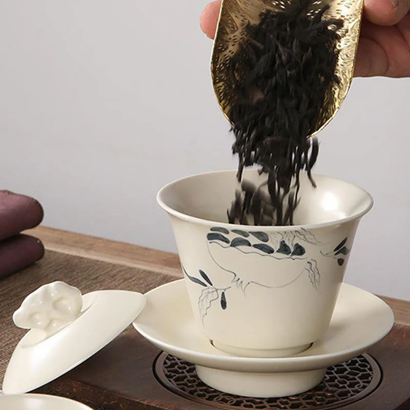 Buddha Stones dipinto a mano melograno ibisco pino loto ceramica gaiwan sancai tazza da tè kung fu tazza da tè e piattino con coperchio - Image 16