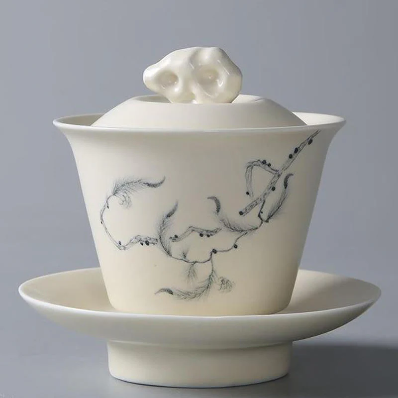 Buddha Stones dipinto a mano melograno ibisco pino loto ceramica gaiwan sancai tazza da tè kung fu tazza da tè e piattino con coperchio - Image 21