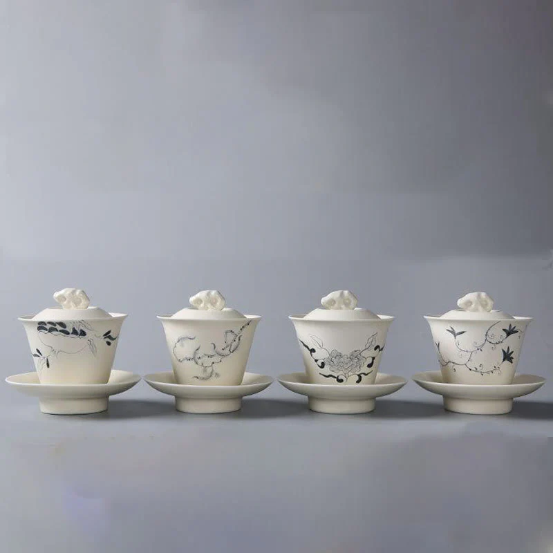 Buddha Stones dipinto a mano melograno ibisco pino loto ceramica gaiwan sancai tazza da tè kung fu tazza da tè e piattino con coperchio - Image 23