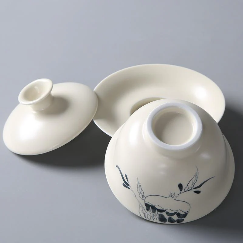 Buddha Stones dipinto a mano melograno ibisco pino loto ceramica gaiwan sancai tazza da tè kung fu tazza da tè e piattino con coperchio - Image 3