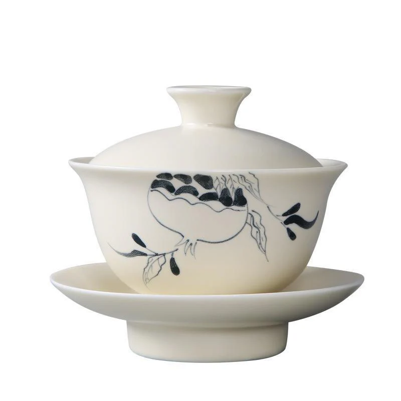 Buddha Stones dipinto a mano melograno ibisco pino loto ceramica gaiwan sancai tazza da tè kung fu tazza da tè e piattino con coperchio - Image 5