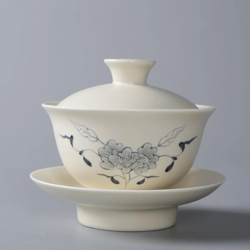 Buddha Stones dipinto a mano melograno ibisco pino loto ceramica gaiwan sancai tazza da tè kung fu tazza da tè e piattino con coperchio - Image 6