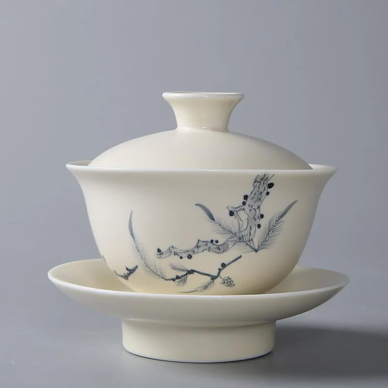 Buddha Stones dipinto a mano melograno ibisco pino loto ceramica gaiwan sancai tazza da tè kung fu tazza da tè e piattino con coperchio - Image 7