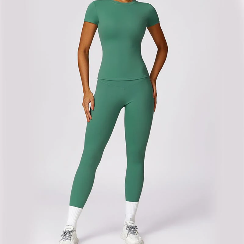 Buddha Stones Donna Manica Corta T-Shirt Top Vita Alta Leggings Pantaloni Per Sport Yoga - Image 34