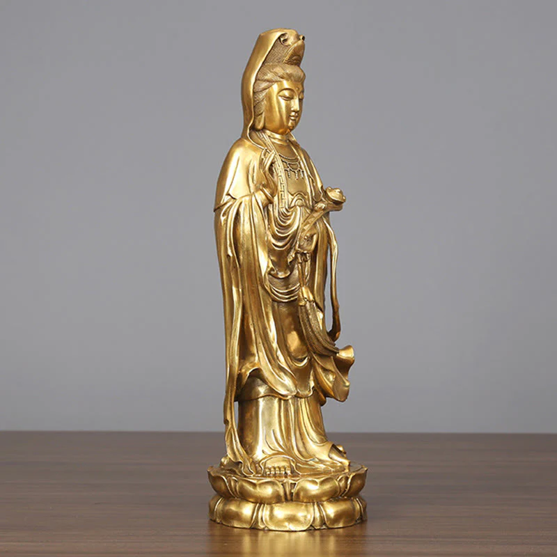 Buddha Stones Dorate in Piedi Kwan Yin Avalokitesvara Ricchezza Ottone Rame Statua Decorazione Scrivania Casa - Image 2