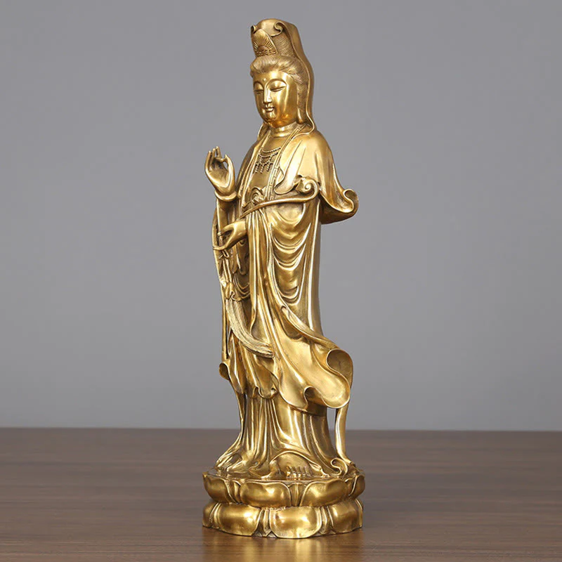 Buddha Stones Dorate in Piedi Kwan Yin Avalokitesvara Ricchezza Ottone Rame Statua Decorazione Scrivania Casa - Image 3