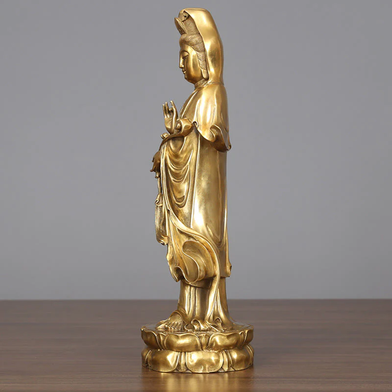 Buddha Stones Dorate in Piedi Kwan Yin Avalokitesvara Ricchezza Ottone Rame Statua Decorazione Scrivania Casa - Image 7
