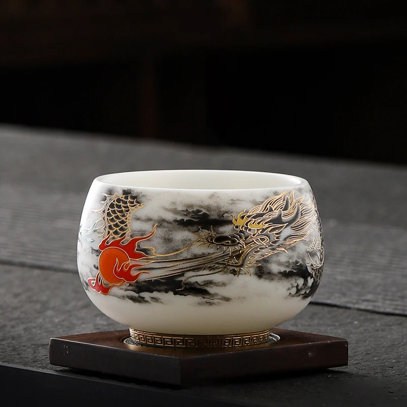 Buddha Stones Drago che gioca con la perla Design Tazza da tè in porcellana bianca Tazza da tè Kung Fu 160ml - Image 5
