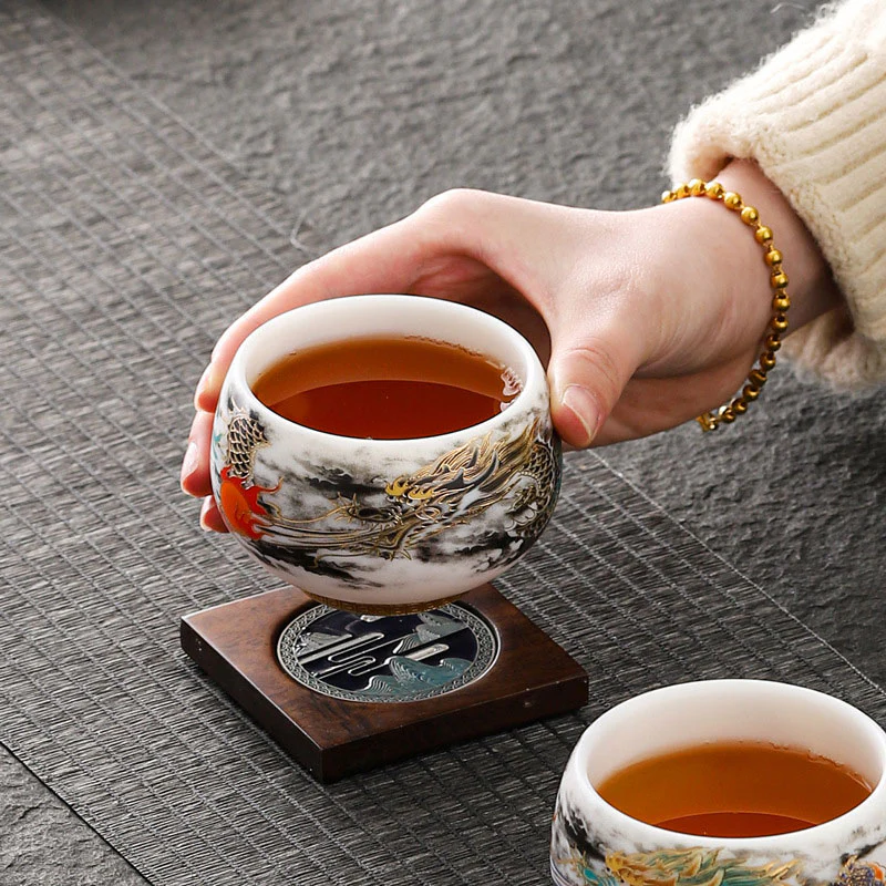 Buddha Stones Drago che gioca con la perla Design Tazza da tè in porcellana bianca Tazza da tè Kung Fu 160ml - Image 6