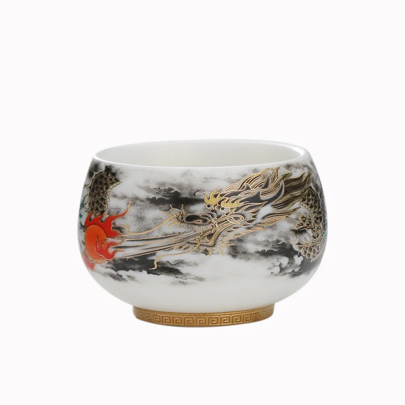 Buddha Stones Drago che gioca con la perla Design Tazza da tè in porcellana bianca Tazza da tè Kung Fu 160ml - Image 7