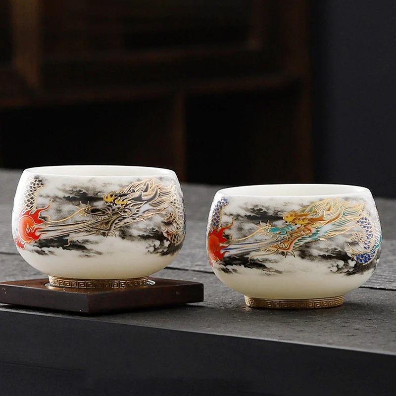 Buddha Stones Drago che gioca con la perla Design Tazza da tè in porcellana bianca Tazza da tè Kung Fu 160ml - Image 9