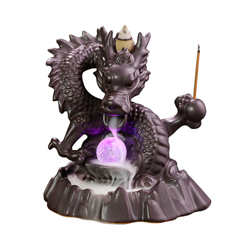 Buddha Stones Drago di buon auspicio Fontana di fumo a riflusso in ceramica Bruciatore di incenso di guarigione Meditazione Decorazione a sfera a LED - Image 12
