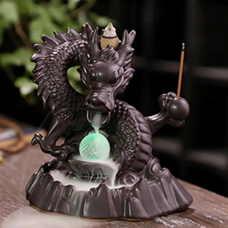 Buddha Stones Drago di buon auspicio Fontana di fumo a riflusso in ceramica Bruciatore di incenso di guarigione Meditazione Decorazione a sfera a LED - Image 4
