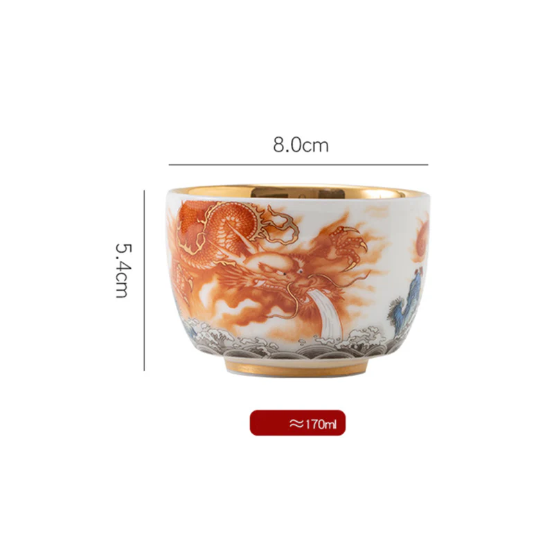 Buddha Stones Drago Fenice Gru Sole Oceano Onde Tazza da tè in ceramica dorata Tazza da tè Kung Fu 170ml - Image 11
