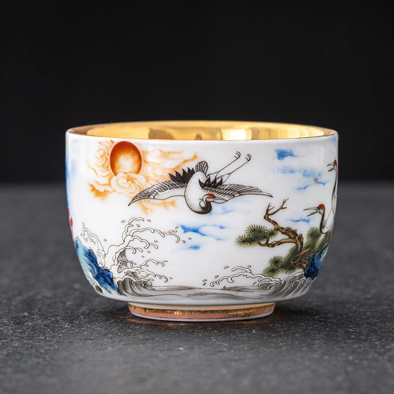 Buddha Stones Drago Fenice Gru Sole Oceano Onde Tazza da tè in ceramica dorata Tazza da tè Kung Fu 170ml - Image 12