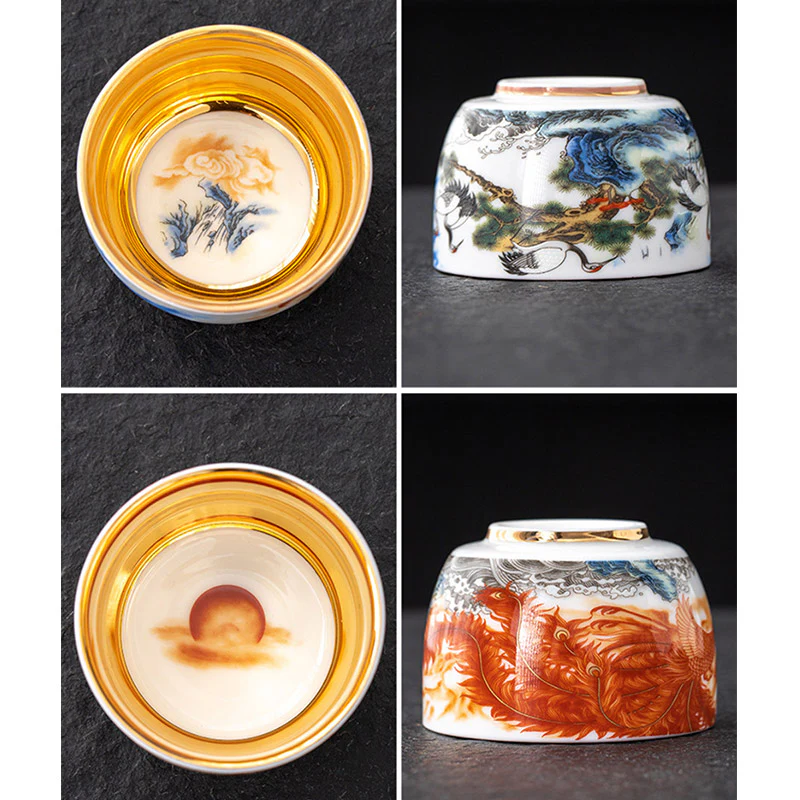 Buddha Stones Drago Fenice Gru Sole Oceano Onde Tazza da tè in ceramica dorata Tazza da tè Kung Fu 170ml - Image 13