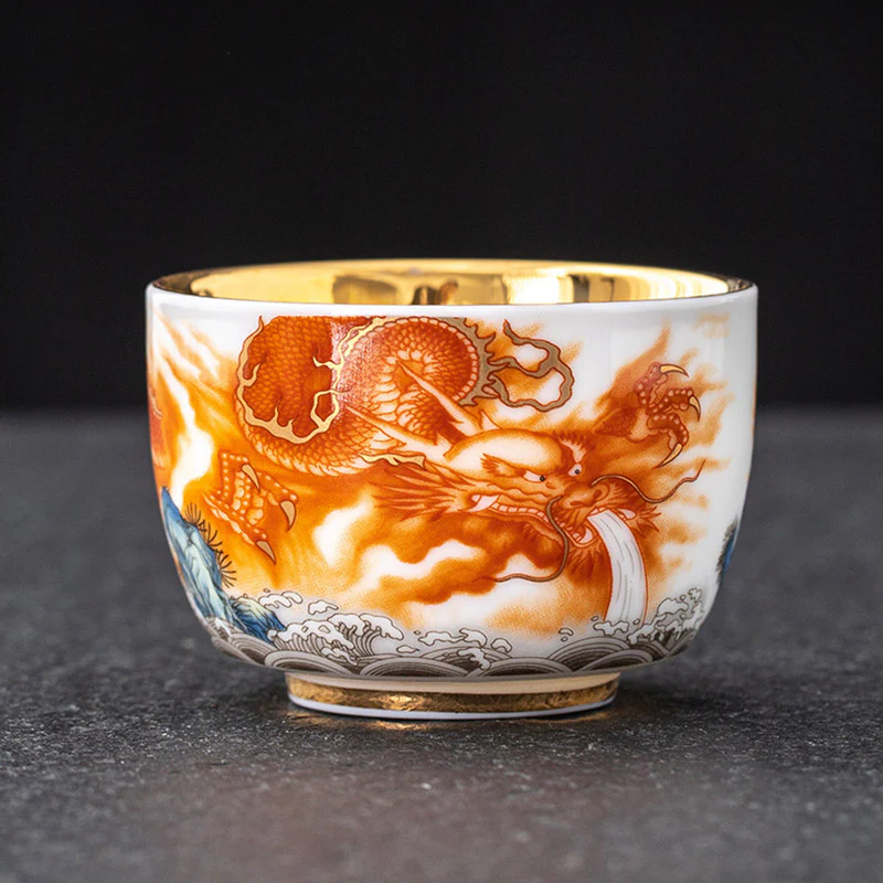 Buddha Stones Drago Fenice Gru Sole Oceano Onde Tazza da tè in ceramica dorata Tazza da tè Kung Fu 170ml - Image 2
