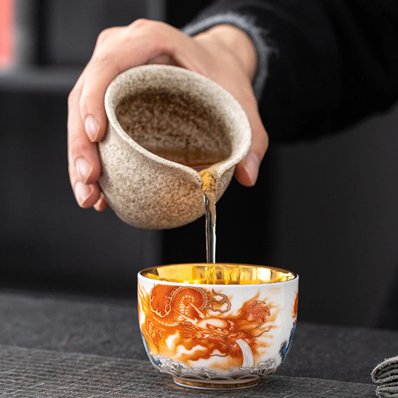 Buddha Stones Drago Fenice Gru Sole Oceano Onde Tazza da tè in ceramica dorata Tazza da tè Kung Fu 170ml - Image 9