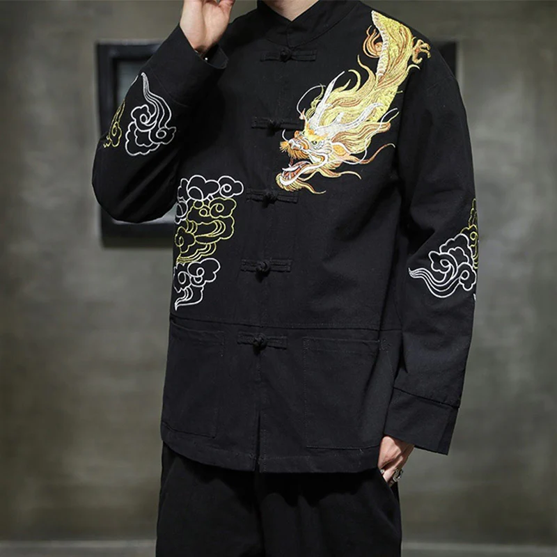 Buddha Stones Drago Nuvola di Buon Auspicio Ricamo Abbigliamento Cinese Tang Giacca da Uomo Abbigliamento - Image 11