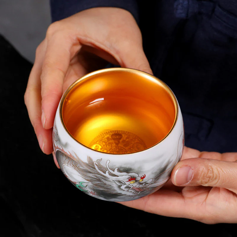 Buddha Stones Drago Zucca Dorata Ceramica Porcellana Bianca Tazza da Tè Kung Fu Tazza da Tè 160ml - Image 3
