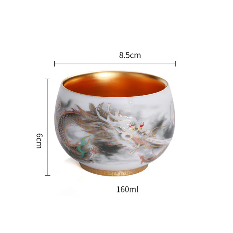 Buddha Stones Drago Zucca Dorata Ceramica Porcellana Bianca Tazza da Tè Kung Fu Tazza da Tè 160ml - Image 7
