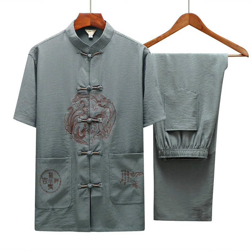 Buddha Stones Dragon Fu Character Tang Suit Camicia a maniche corte tradizionale Pantaloni a gamba larga Abbigliamento da uomo Set - Image 16