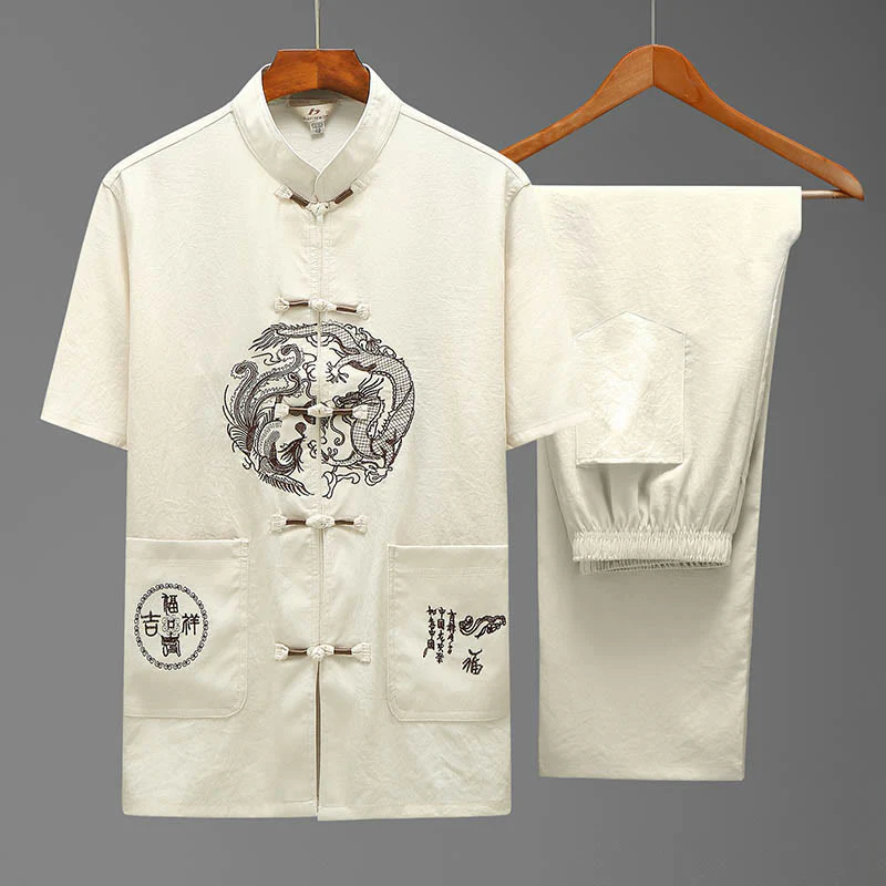 Buddha Stones Dragon Fu Character Tang Suit Camicia a maniche corte tradizionale Pantaloni a gamba larga Abbigliamento da uomo Set - Image 2