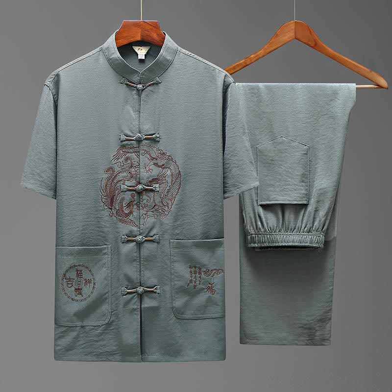 Buddha Stones Dragon Fu Character Tang Suit Camicia a maniche corte tradizionale Pantaloni a gamba larga Abbigliamento da uomo Set - Image 3