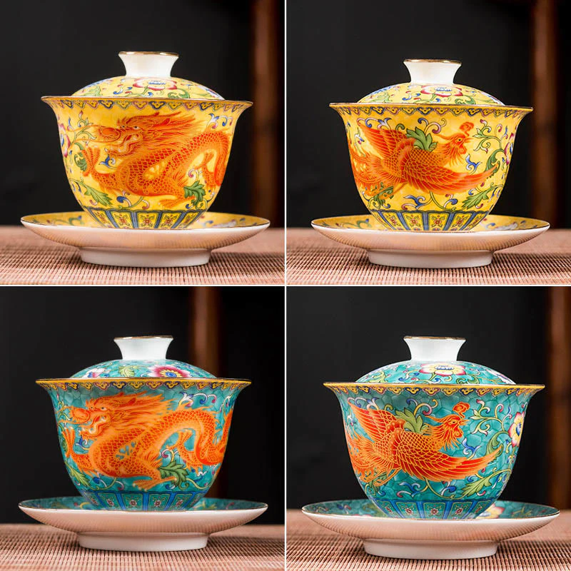 Buddha Stones Dragon Phoenix Flower Design Ceramica Gaiwan Sancai Tazza da tè Kung Fu Tazza da tè e piattino con coperchio - Image 13