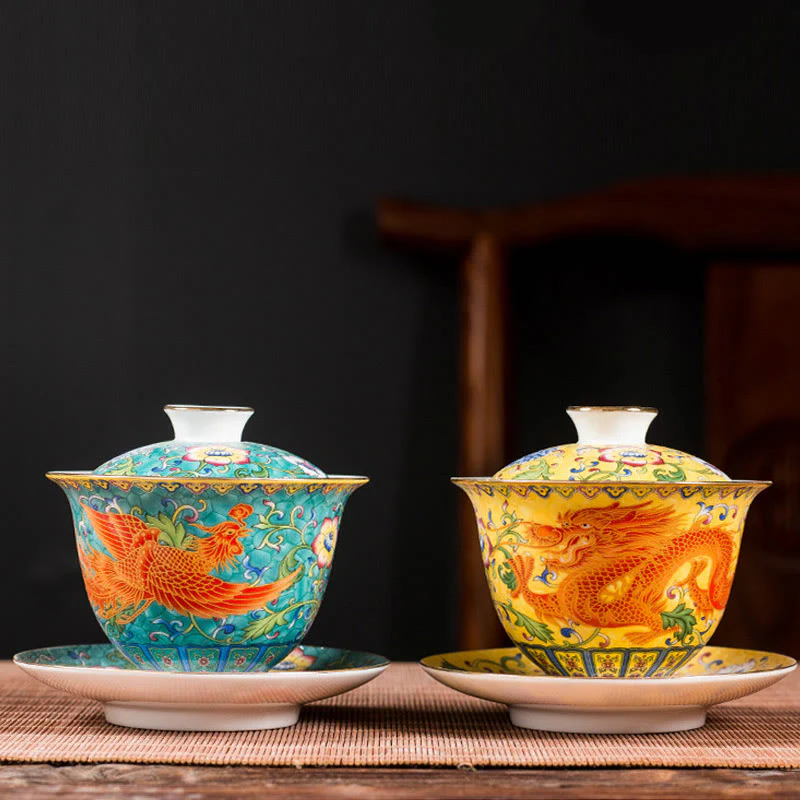 Buddha Stones Dragon Phoenix Flower Design Ceramica Gaiwan Sancai Tazza da tè Kung Fu Tazza da tè e piattino con coperchio - Image 2