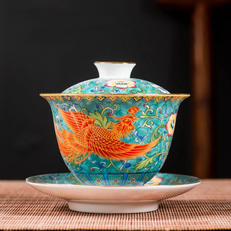 Buddha Stones Dragon Phoenix Flower Design Ceramica Gaiwan Sancai Tazza da tè Kung Fu Tazza da tè e piattino con coperchio - Image 3