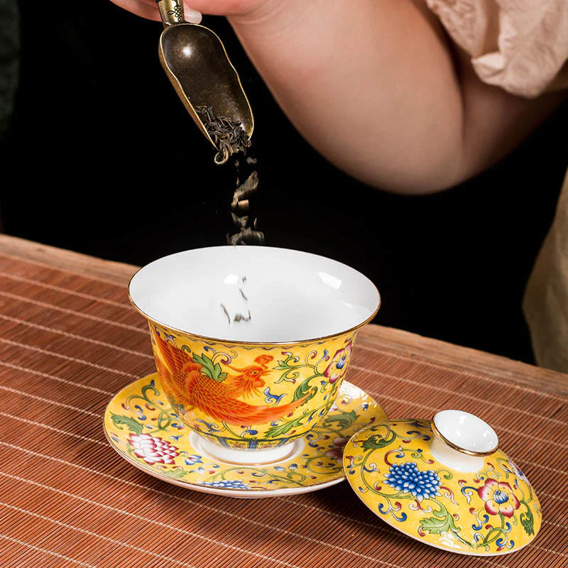 Buddha Stones Dragon Phoenix Flower Design Ceramica Gaiwan Sancai Tazza da tè Kung Fu Tazza da tè e piattino con coperchio - Image 6