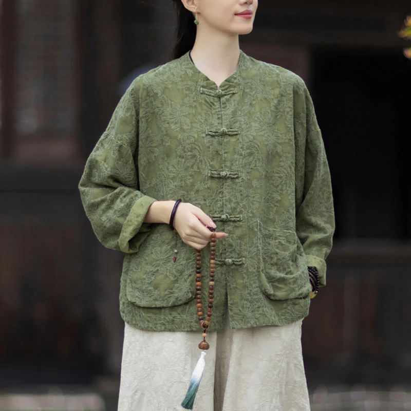 Buddha Stones Fall Jacquard Camicia a maniche lunghe con bottoni a rana da donna, pantaloni, abbigliamento in cotone e lino