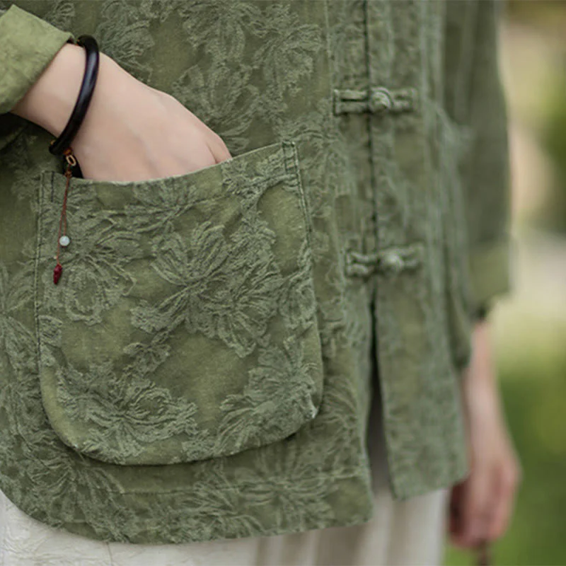 Buddha Stones Fall Jacquard Camicia a maniche lunghe con bottoni a rana da donna, pantaloni, abbigliamento in cotone e lino - Image 13
