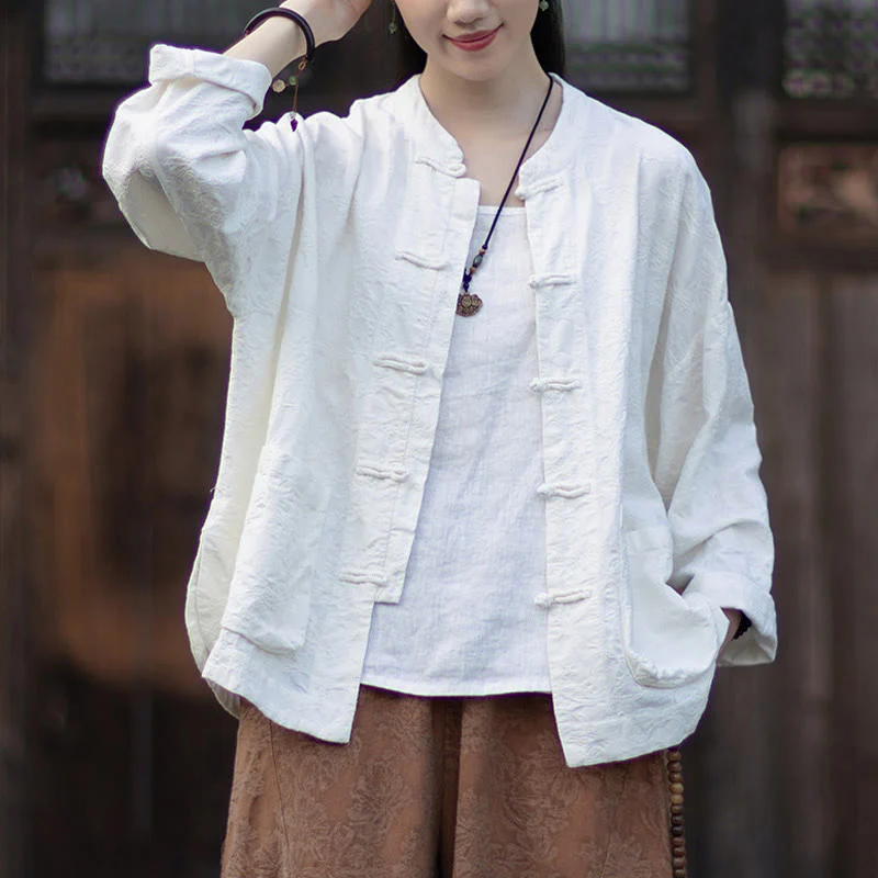 Buddha Stones Fall Jacquard Camicia a maniche lunghe con bottoni a rana da donna, pantaloni, abbigliamento in cotone e lino - Image 14