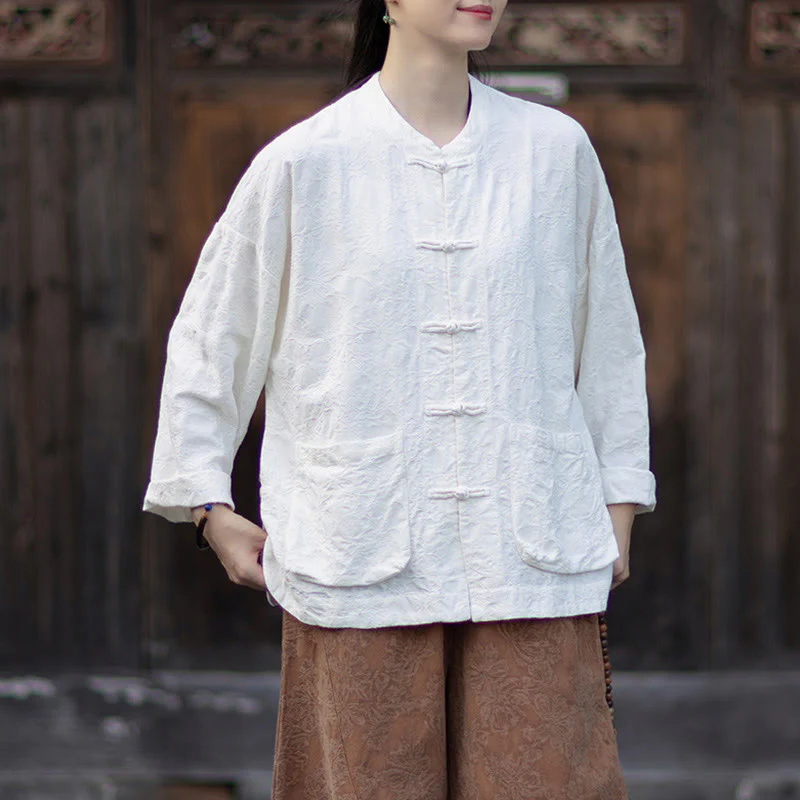 Buddha Stones Fall Jacquard Camicia a maniche lunghe con bottoni a rana da donna, pantaloni, abbigliamento in cotone e lino - Image 16