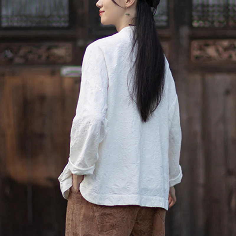 Buddha Stones Fall Jacquard Camicia a maniche lunghe con bottoni a rana da donna, pantaloni, abbigliamento in cotone e lino - Image 17